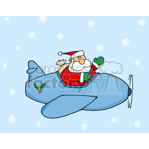 A humorous clipart image of Santa Claus flying a blue airplane with snowflakes in the background.