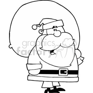 A humorous black and white clipart image of Santa Claus carrying a large sack over his shoulder.