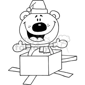 A smiling teddy bear wearing a Santa hat and a scarf, emerging from an open gift box, perfect for Christmas and holiday themes.