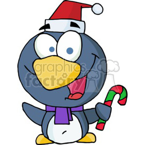 A cartoon penguin wearing a Santa hat and holding a candy cane, celebrating Christmas.