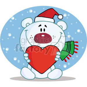 A cute cartoon teddy bear wearing a Santa hat and scarf, holding a large red heart with snow falling around.