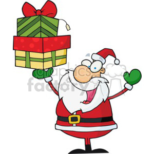 A cartoon Santa Claus holding a stack of wrapped Christmas presents, with a cheerful expression and a Santa hat.