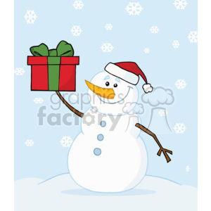 A cheerful snowman wearing a Santa hat, holding a red and green gift box with falling snowflakes around.