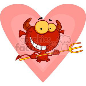 A humorous cartoon character depicted as a small devil holding a trident, set against a large pink heart background.