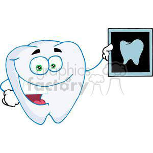 Clipart image featuring a happy cartoon tooth character holding a dental X-ray with a tooth image displayed on it.