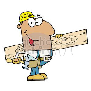 Clipart image of a cartoon construction worker carrying a wooden plank. The worker is wearing a yellow hard hat, blue overalls, and yellow boots, and has a hammer in their tool belt.