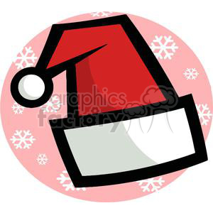 A cartoon Santa hat with a playful design on a pink background with snowflakes.