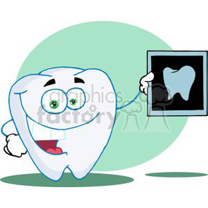 A cheerful cartoon tooth character holding a dental X-ray image of another tooth, with a green background.