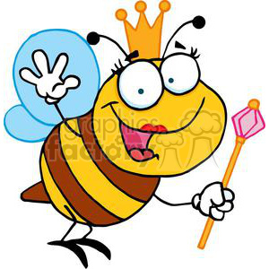 A cartoon image of a happy queen bee with blue wings, a yellow crown, and a scepter, waving with a smile.