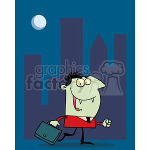 The clipart image features a cartoonish funny character depicted in a cityscape at nighttime. The character has an exaggerated happy expression with one tooth sticking out, messy hair, large eyes, and is wearing a suit with a red tie. The character is also holding a briefcase and looks as though he is walking. In the background, there are silhouettes of buildings and a moon in the sky.