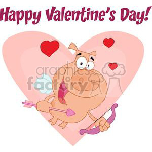 A cartoon pig dressed as cupid with wings, holding a bow and heart arrow, surrounded by love hearts with the text 'Happy Valentine's Day!'