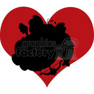 Silhouette of a funny character resembling Cupid with wings and a bow against a red heart background.