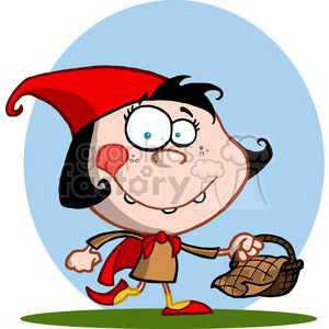 The clipart image features a funny and stylized character representing Little Red Riding Hood. She has a large head with expressive blue eyes and a playful smile, a round nose, and rosy cheeks. Her hair is black and appears to be short. The character is wearing a red hood with a cloak tied with a brown bow at the neck. She has a simple brown dress underneath the cloak. In one hand, she is holding a brown picnic basket. She is standing on a patch of green grass with a blue background behind her.