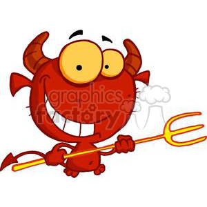 A humorous cartoon character of a devil with large eyes, holding a yellow pitchfork and grinning mischievously.