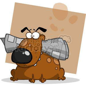 The clipart image features a cartoon dog holding a large newspaper in its mouth. The dog appears to be brown with spots and has a comical expression with bulging eyes. The background is a simple shade of beige with abstract circles.
