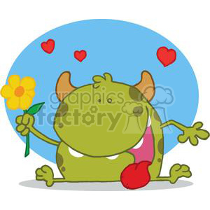 A cute and funny green monster character with a big smile, holding a yellow flower. Red hearts float around, set against a blue circular background, conveying a whimsical Valentine's theme.