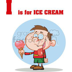 A funny cartoon character holding an ice cream cone with the text 'I is for ICE CREAM'.