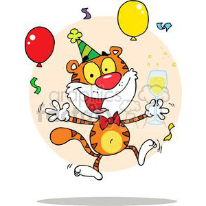 A funny cartoon tiger character celebrating with balloons and a drink, wearing a party hat and bow tie.