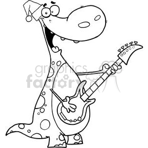 A cartoon dinosaur wearing a Santa hat, playing an electric guitar.