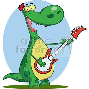 The clipart image depicts a cartoon dinosaur with a playful and funny expression. The character is standing upright and appears to be strumming an electric guitar enthusiastically. The dinosaur is green with yellow belly, spotted with darker green spots. It has big, googly eyes and seems to be singing or making a loud noise, as indicated by its open mouth. The background features a simple blue oval, suggesting a sky or spotlight effect behind the character.