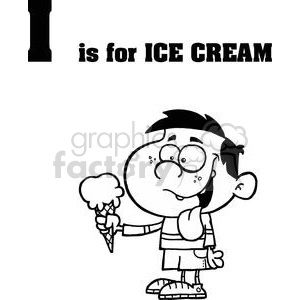 A funny cartoon character holding an ice cream cone, with the text 'I is for ICE CREAM'.