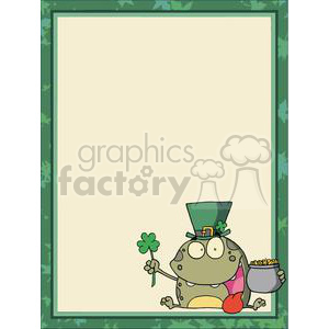 A clipart image featuring a festive green border with shamrock designs. At the bottom right corner, there is a cartoon frog wearing a leprechaun hat, holding a shamrock in one hand and a pot of gold in the other.