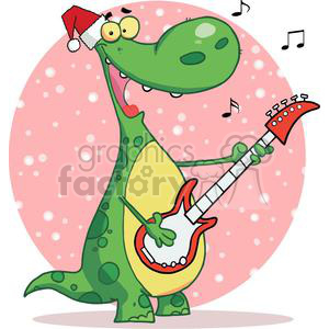 A funny cartoon dinosaur character playing an electric guitar, wearing a Santa hat, with music notes around.