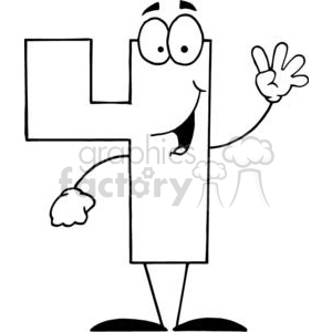 A black and white clipart of the number four depicted as a funny cartoon character, complete with arms, legs, and an expressive face waving with one hand.