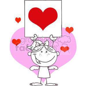 A cute stick figure cupid holding a large red heart, surrounded by smaller red hearts, on a pink background. Perfect for Valentine's Day themes.