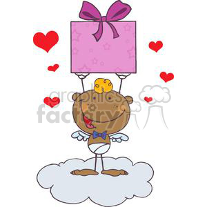 A cute and funny stick figure cupid character with wings, holding a large pink gift box tied with a purple bow. The cupid is standing on a cloud surrounded by red hearts, symbolizing love and fantasy.