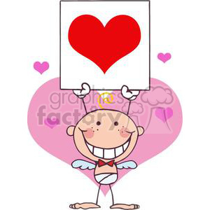 A cheerful cartoon character dressed as a cherub holds a large red heart on a sign against a pink heart background.