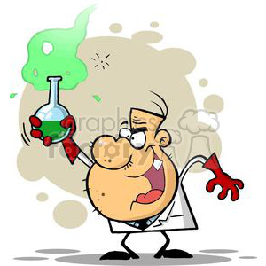   This clipart image features a cartoon of a funny, exaggerated mad scientist in a laboratory setting. The scientist is depicted with a large, bulbous nose, a wide grin, thick eyebrows, and is wearing a white lab coat. He
