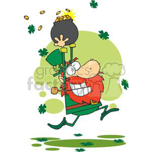 A humorous cartoon image of a leprechaun with a red beard, wearing a green outfit and holding a pot of gold coins, surrounded by green clovers.