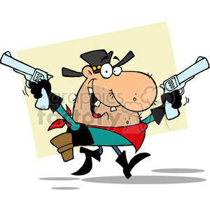 A humorous cartoon illustration of a gangster character holding two guns, dressed in a cowboy hat and bandana, with a mischievous expression.