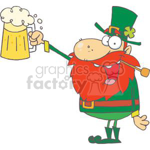 A cheerful leprechaun holding a frothy mug of beer, wearing a green outfit with a shamrock on his hat.