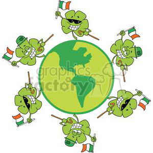 A humorous St. Patrick's Day clipart image featuring cartoon shamrocks with smiling faces, sunglasses, and Irish flags, surrounding a globe.