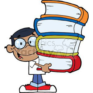 A cartoon boy with glasses holding a tall stack of colorful books.