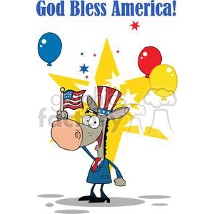 A humorous cartoon illustration of a donkey wearing an Uncle Sam-style top hat, holding a small American flag. The donkey is surrounded by colorful balloons and a starburst, with the text 'God Bless America!' above.