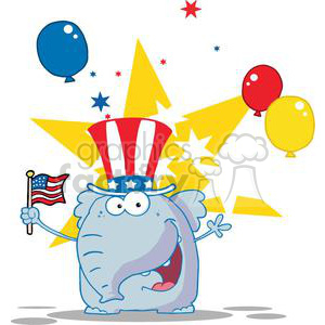 A cartoon elephant wearing a patriotic Uncle Sam hat holding an American flag, surrounded by colorful balloons and stars.