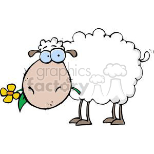   The image shows a cartoon clipart of a humorous-looking sheep. The sheep has a fluffy white body, a tan face with a tuft of white hair on its head, large blue glasses, and is holding a yellow flower with green leaves in its mouth. It stands on thin brown legs, and the sheep