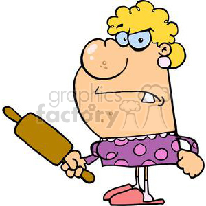 The clipart image shows a cartoon character that appears to be a woman looking upset or angry. She has yellow curly hair, a big pinkish nose, and is wearing glasses. The character is dressed in what looks like a purple dress with polka dots and is holding a wooden rolling pin in one hand, a common trope for a mad wife in humorous illustrations. She also appears to be wearing slippers.