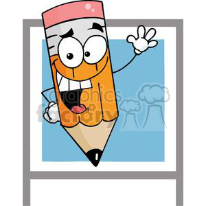   The clipart image shows a cartoon pencil with anthropomorphic features. It has a face with expressive eyes, eyebrows, and a mouth displaying a funny, cheerful grin. The pencil is raising one of its 