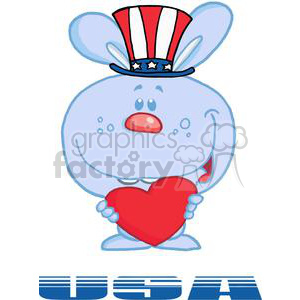   The clipart image features a funny cartoon bunny wearing a patriotic top hat adorned with red and white stripes and white stars on a blue band. The bunny is smiling, with rosy cheeks, and holding a large red heart lovingly. It appears to be a character designed to blend themes of love with American patriotism, perhaps for a holiday like the Fourth of July or Valentine