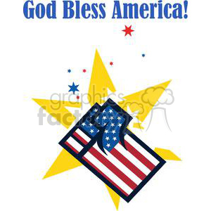 Clipart image featuring a cartoon fist with the American flag pattern, accompanied by fireworks and the text 'God Bless America.'