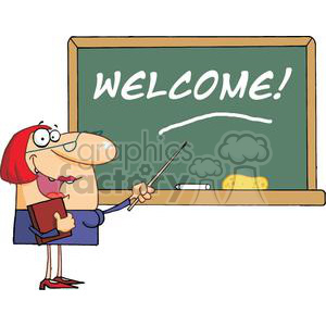 A cartoon teacher with glasses and red hair pointing at a chalkboard with 'WELCOME!' written on it. The teacher holds a book and a pointer, and there is chalk and an eraser on the board.