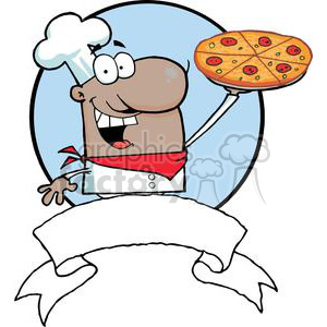 Cartoon African American Proud Chef Holds Up Pizza Banner