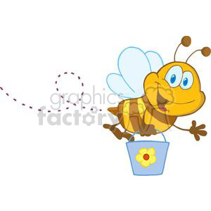 A cheerful cartoon bee flying while carrying a small blue bucket with a yellow flower. The bee has blue wings and a dotted flight path behind it.