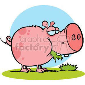 This clipart image features a humorous depiction of a plump pink pig. The pig has a comical facial expression, with oversized, goofy eyes wearing round glasses, and a large snout. The pig's body is round with visible spots, and it has a small curly tail. It is standing on a green ground, which suggests it is in a grassy area, and there is a blue sky in the background.