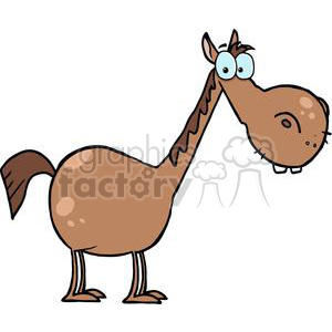 A cartoonish illustration of a brown horse with exaggerated features, including a large head and humorous expression.