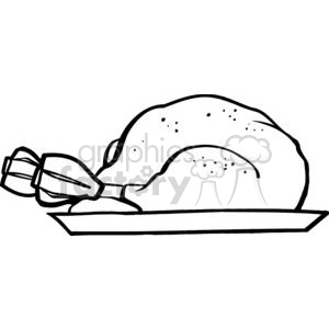   The image appears to be a simple black and white line art or clipart image of a roasted turkey on a plate. The turkey is drawn with its leg and wing in profile, and it